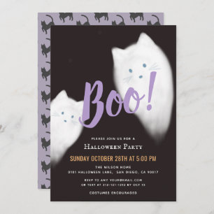 Boo! Ghost Cat Cute Purple Halloween Party Invitation