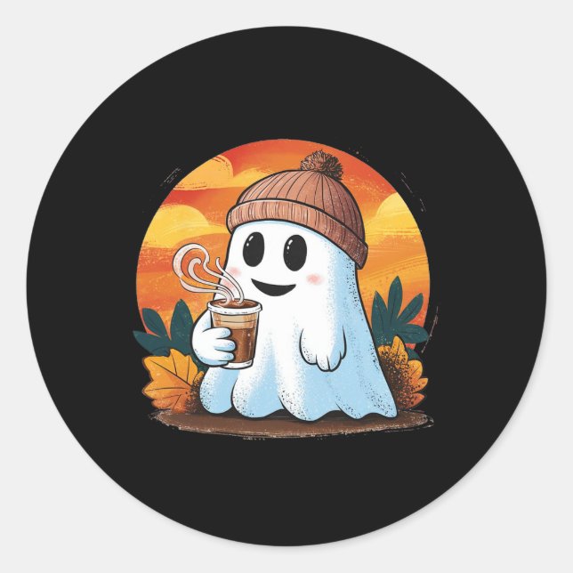 Boo Ghost Drinking Coffee Halloween Costumes Woman Classic Round Sticker (Front)