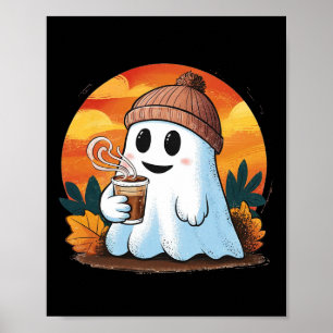 Boo Ghost Drinking Coffee Halloween Costumes Woman Poster