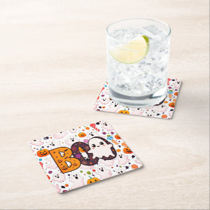 Boo Ghost For Halloween Square Paper Coaster