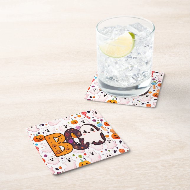 Boo Ghost For Halloween Square Paper Coaster (Insitu)