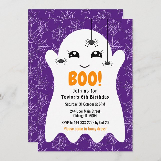 Boo Ghost Halloween Birthday Costume Party Purple Invitation (Front/Back)