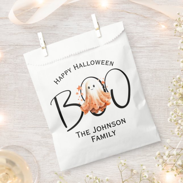 Boo Ghost Halloween White Black Modern Family Name Favour Bag (Clipped)