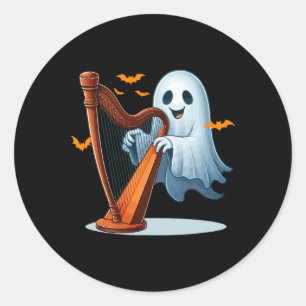 Boo Ghost Playing Harp Halloween Musical Instrumen Classic Round Sticker