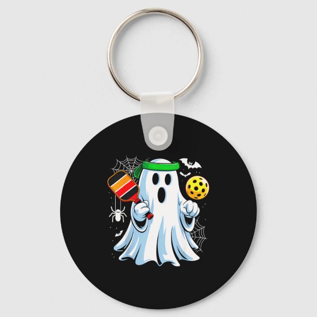 Boo ghost playing pickle ball funny halloween key ring (Front)