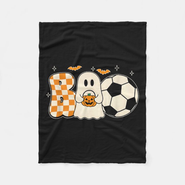 Boo Ghost Playing Soccer Halloween Players Trick O Fleece Blanket (Front)