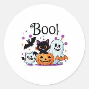 Boo Ghost Pumpkin Cat And Bats Halloween Graphic W Classic Round Sticker