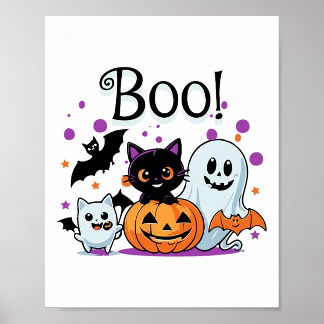 Boo Ghost Pumpkin Cat And Bats Halloween Graphic W Poster (Front)