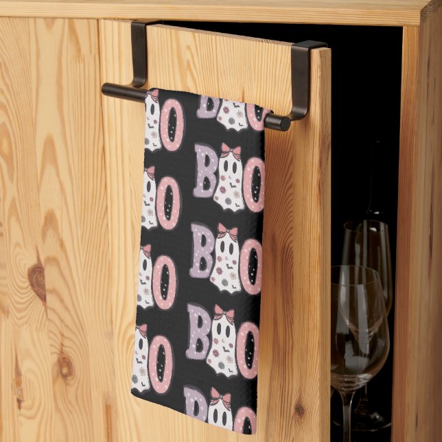 Boo Ghost Purple Pink Cute Black Halloween Tea Towel (Thirds Fold)