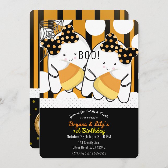 Boo Ghost Twin Girls Halloween 1st Birthday Party Invitation (Front/Back)