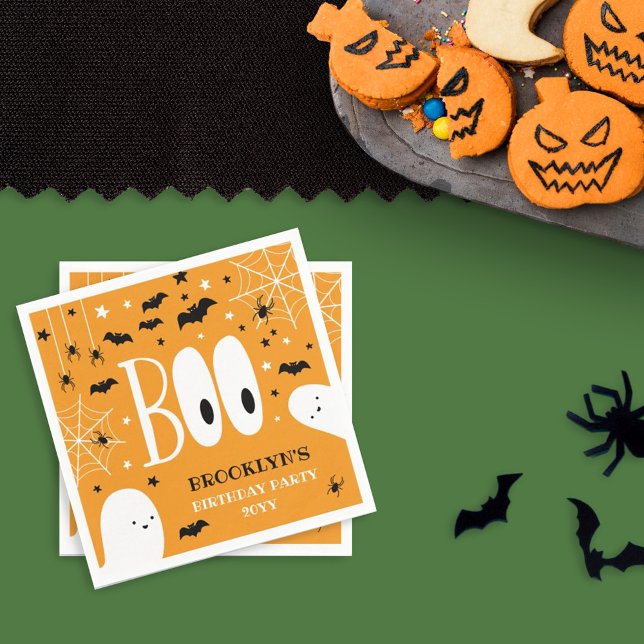 Boo Ghosts Orange Halloween Birthday Party Napkin (Creator Uploaded)