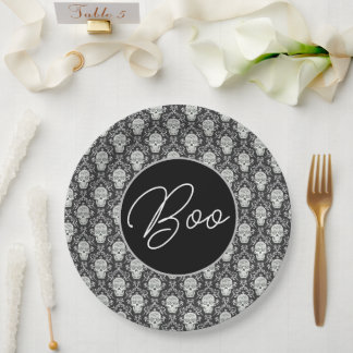 Boo! Gothic Skull Damask Paper Plate