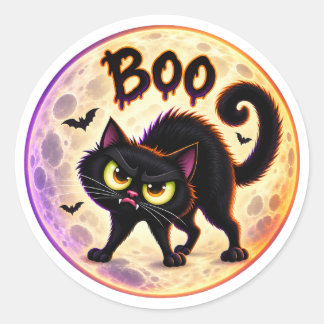 Boo! Grumpy Black Cat and Full Moon Halloween Classic Round Sticker