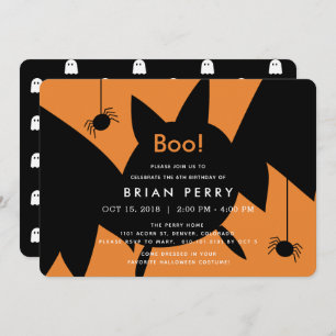 Boo! Halloween Bat & Spiders Birthday Invitation