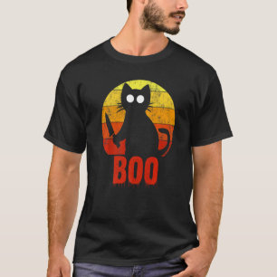 Boo Halloween Cat Gory Bloody Horror  Knife T-Shirt