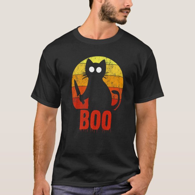 Boo Halloween Cat Gory Bloody Horror  Knife T-Shirt (Front)
