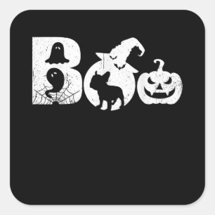Boo Halloween Costume Bulldog Pumpkin & Witch Hat Square Sticker