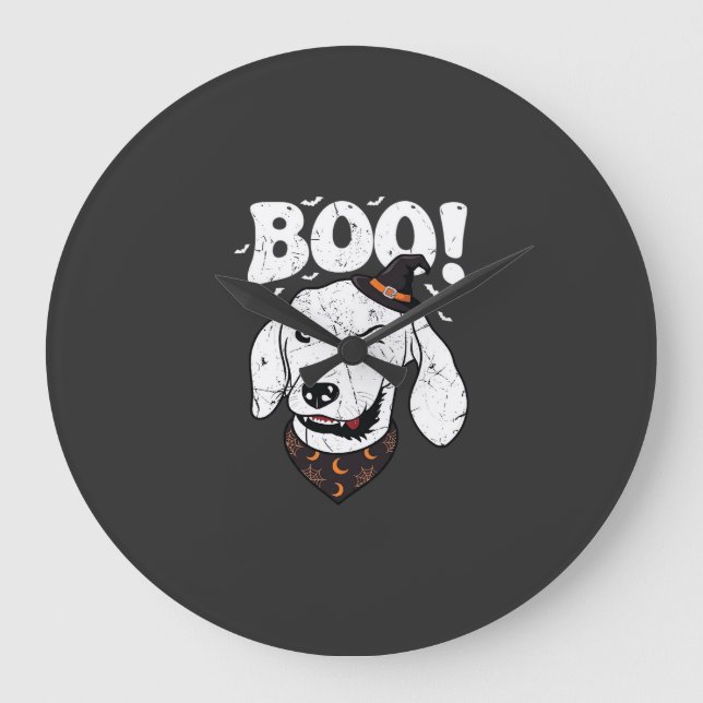 Boo Halloween Dog Witch Hat Bats Large Clock (Front)
