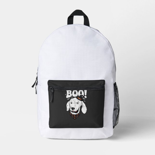 Boo Halloween Dog Witch Hat Bats Printed Backpack (Front)