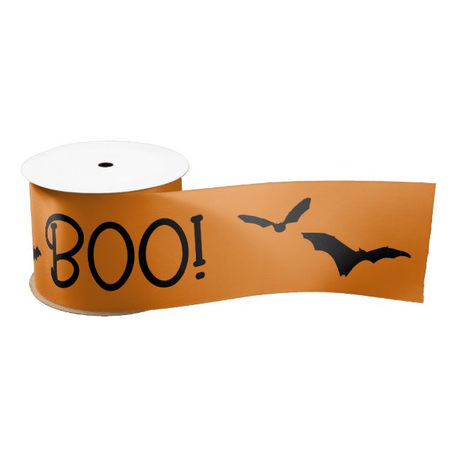 BOO Halloween Flying Bats Orange Ribbon Satin Ribbon (Spool)