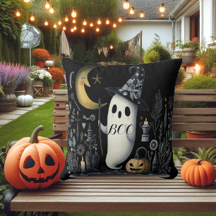 Boo Halloween Ghost Black Night Half Moon Jack Fun Cushion