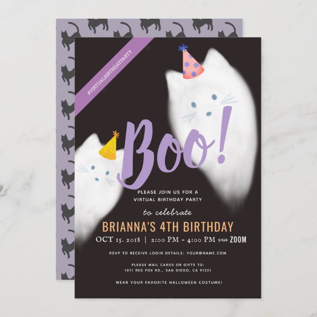 Boo! Halloween Ghost Cat Virtual Birthday Invitation (Front/Back)