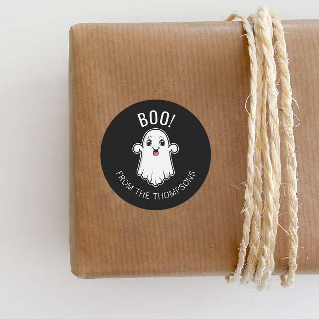 Boo Halloween Ghost Custom Text Black And White Classic Round Sticker (Ideal for decorating Halloween gifts and party favors, for example.)