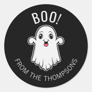 Boo Halloween Ghost Custom Text Black And White Classic Round Sticker