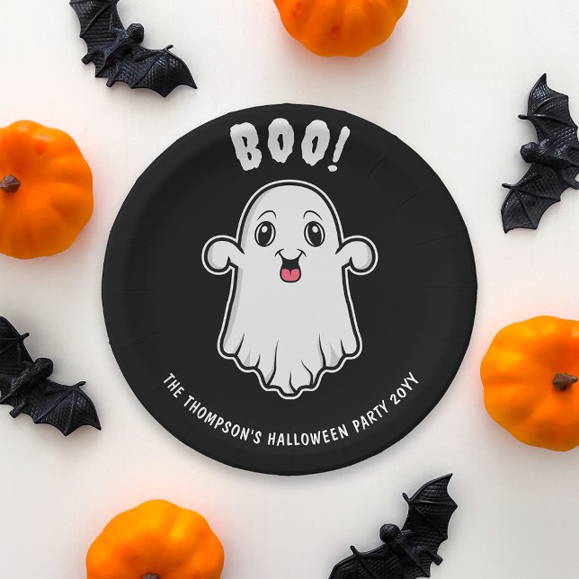 Boo Halloween Ghost Custom Text Black And White Paper Plate (Spooky ghost design for a Halloween party. Personalize with your custom text!)