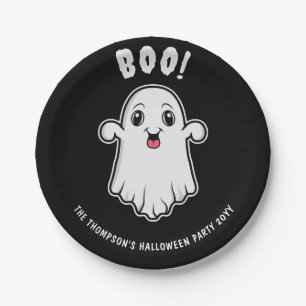 Boo Halloween Ghost Custom Text Black And White Paper Plate