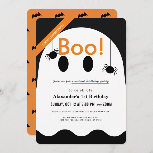 Boo! Halloween Ghost Cute Virtual Birthday Invitation (Front/Back)