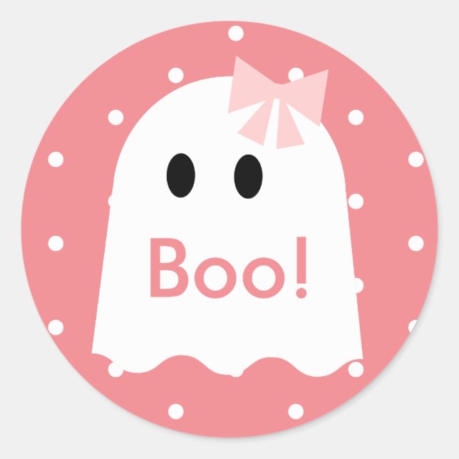 Boo! Halloween Ghost Girl Pink Polka Dots Classic Round Sticker (Front)