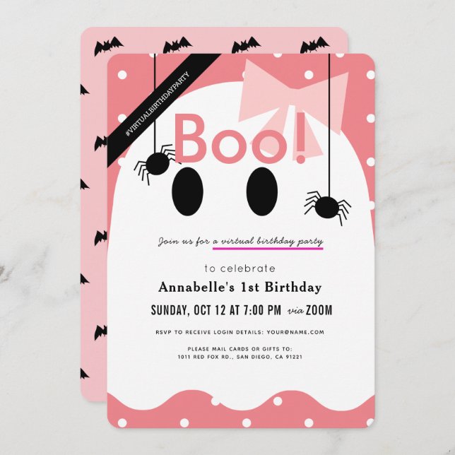 Boo! Halloween Ghost Girl Pink Virtual Birthday Invitation (Front/Back)