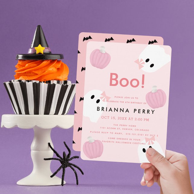 Boo! Halloween Ghost Girl Pumpkin Pink Birthday Invitation (Creator Uploaded)