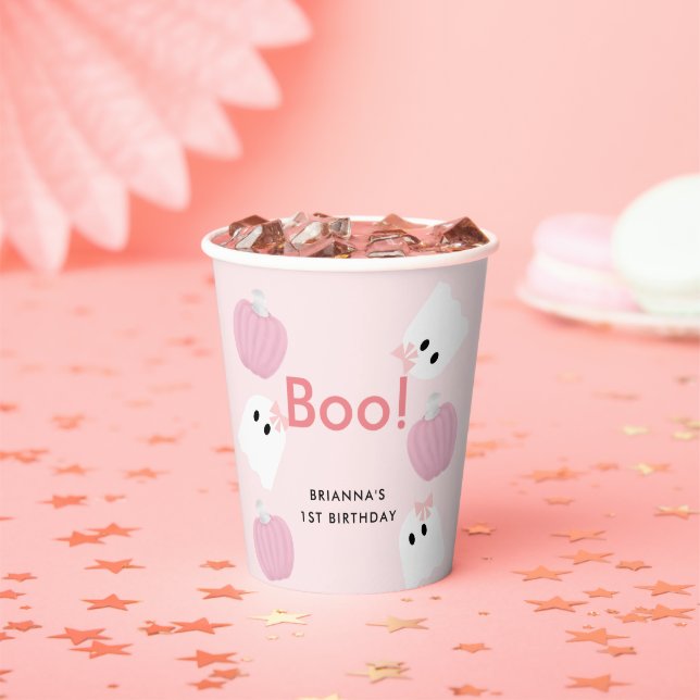Boo! Halloween Ghost Girl Pumpkin Pink Birthday Paper Cups (Insitu)