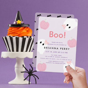 Boo! Halloween Ghost Girl Pumpkin Purple Birthday Invitation