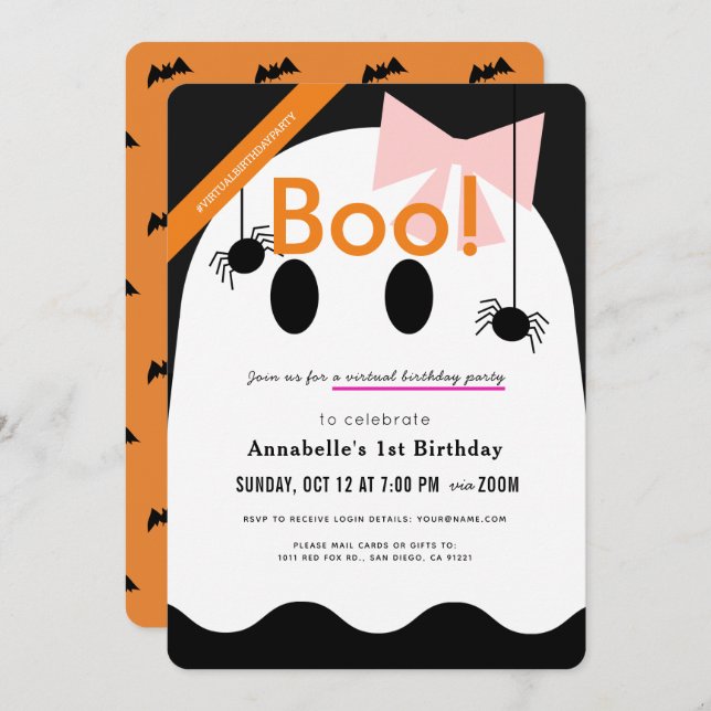 Boo! Halloween Ghost Girl Ribbon Virtual Birthday Invitation (Front/Back)