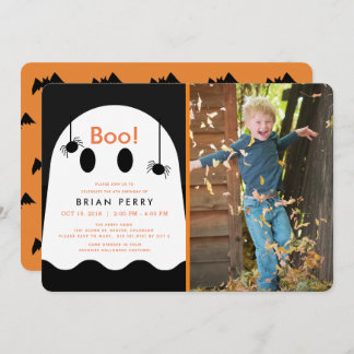 Boo! Halloween Ghost & Spiders Photo Birthday Invitation