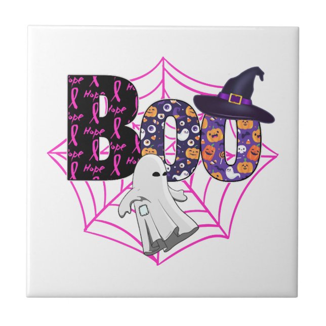 Boo Halloween October Pink Ceramic Tile (Front)