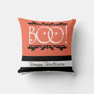 Boo! Halloween Orange & Black White Striped Chic Cushion