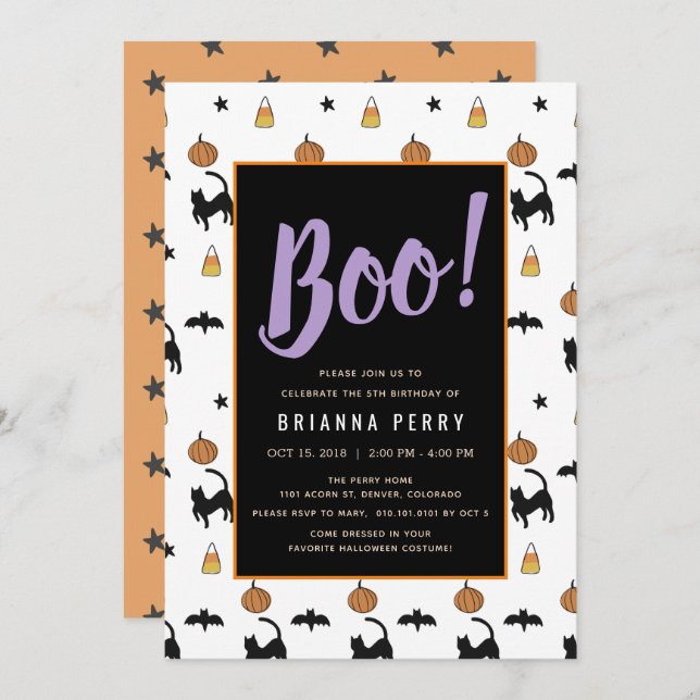 Boo! Halloween Pattern Cute White Birthday Invitation (Front/Back)