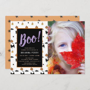 Boo! Halloween Pattern Cute White Photo Birthday Invitation