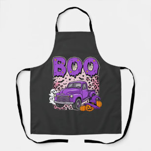 Boo Halloween Purple Truck Ghost and Pumpkins Desi Apron
