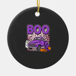 Boo Halloween Purple Truck Ghost and Pumpkins Desi Ceramic Ornament