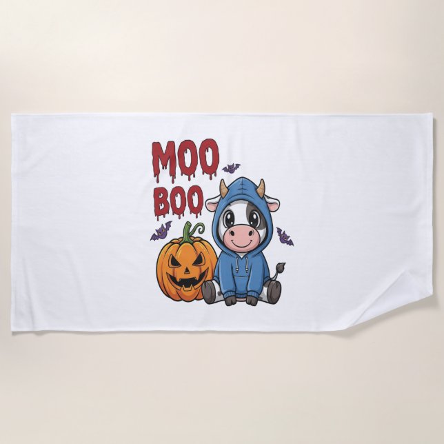 Boo Halloween Spooky Ghost Cow Beach Towel (Front)