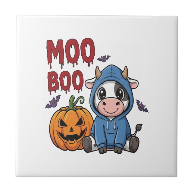 Boo Halloween Spooky Ghost Cow Ceramic Tile (Front)