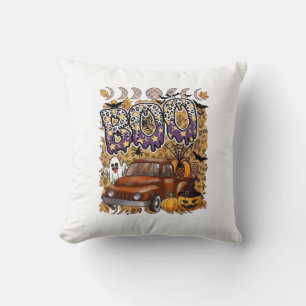 Boo Halloween Vintage Truck Ghost Pumpkins Leopard Cushion