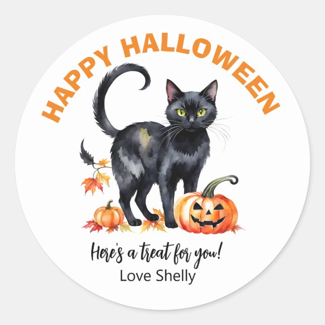 Boo! Happy Halloween Black cat sticker (Front)