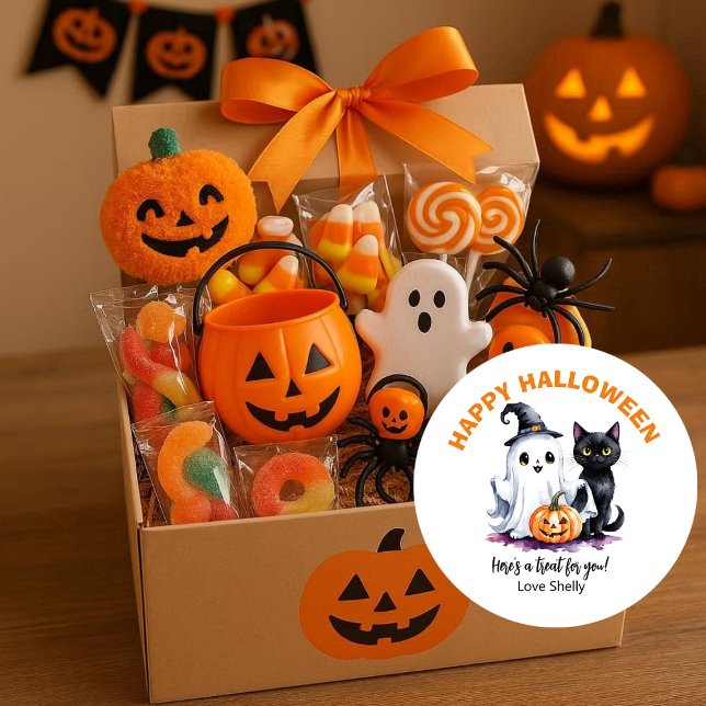 Boo! Happy Halloween friendly ghost & Cat Classic Round Sticker (Creator Uploaded)