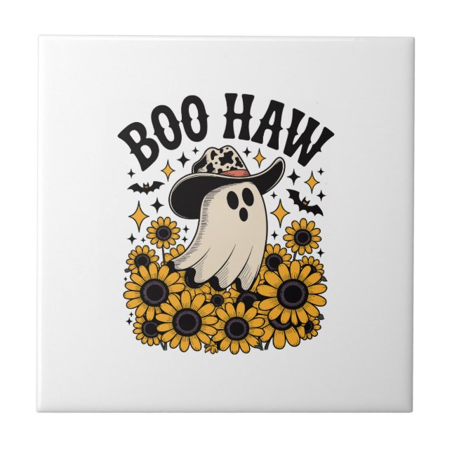 Boo Haw Cow Ghost Western Halloween Ceramic Tile (Front)